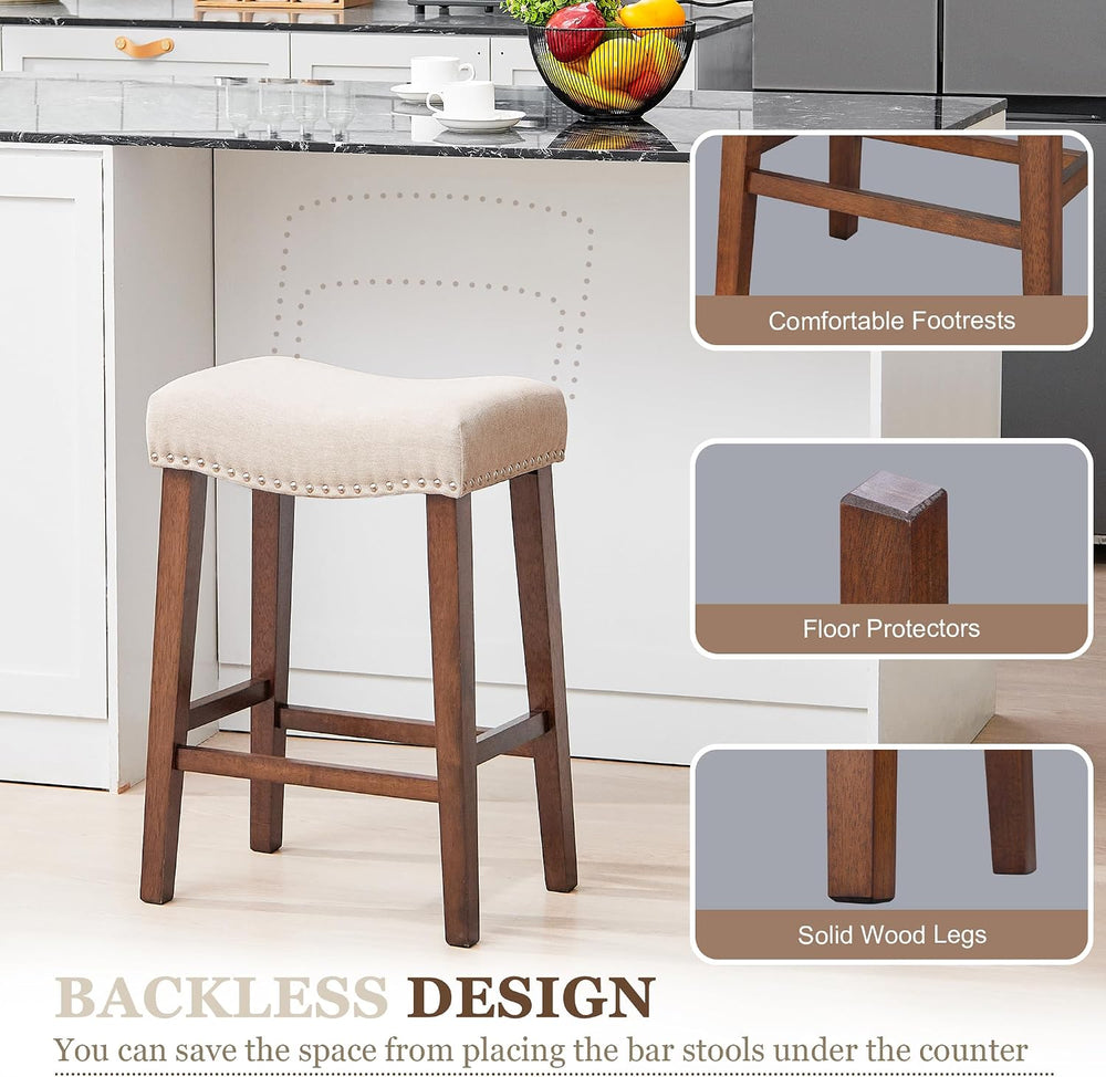PrimeZone 26 Inch Counter Height Saddle Bar Stools Set of 3, Beige