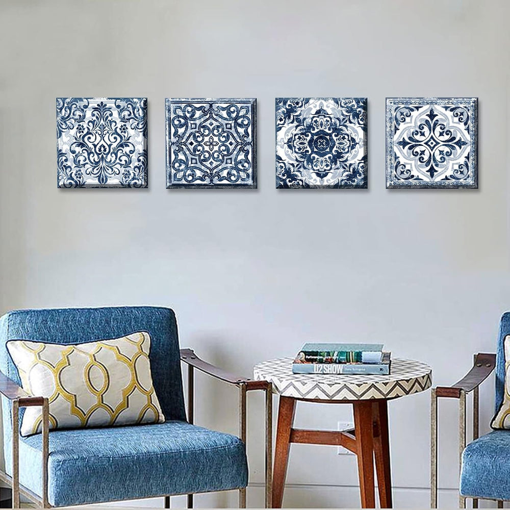 Bathroom Wall Decor Navy Blue Flower Paintings Canvas, 12"Wx12"Hx4 pcs