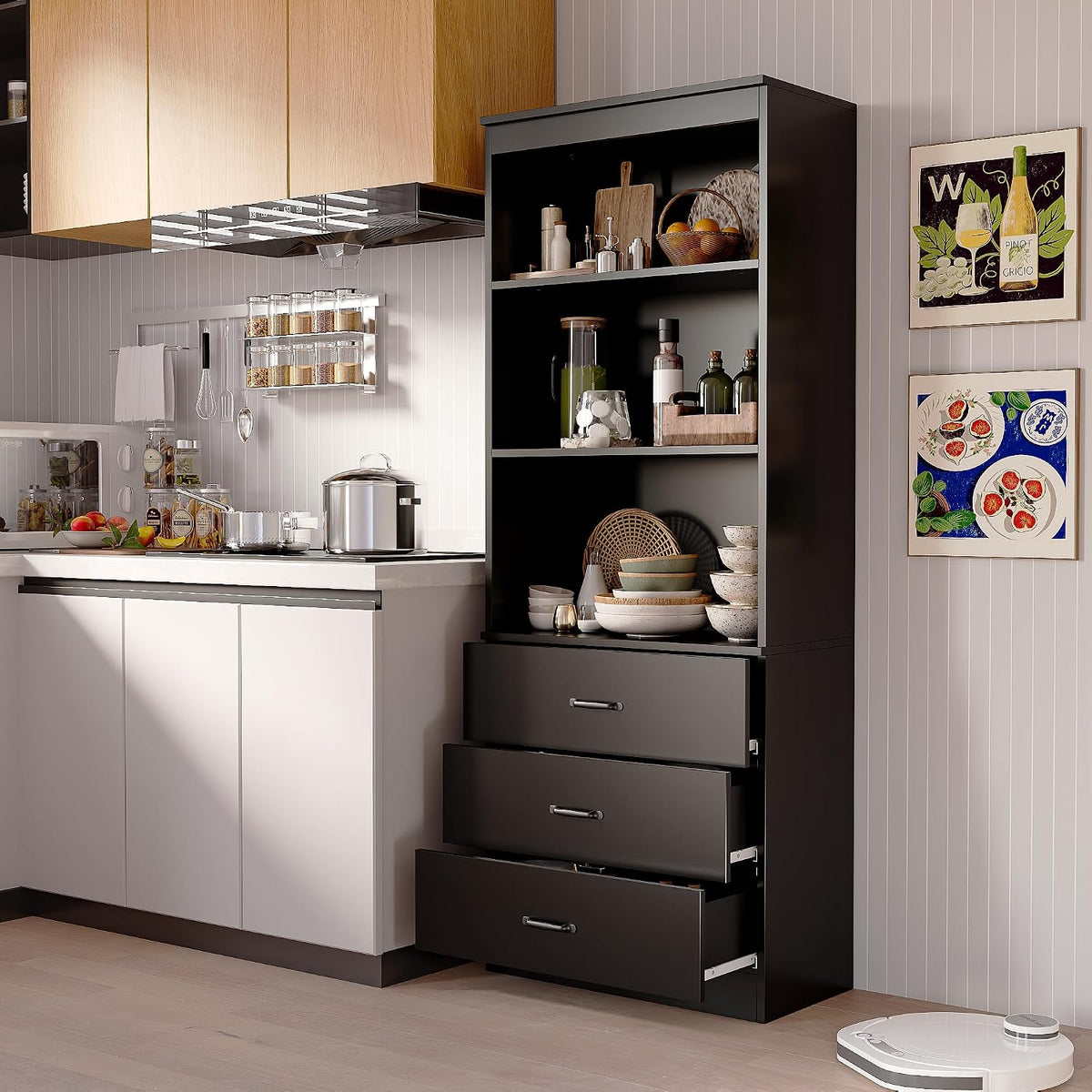 70" h black bookshelf with drawers, tall bookcase, side view