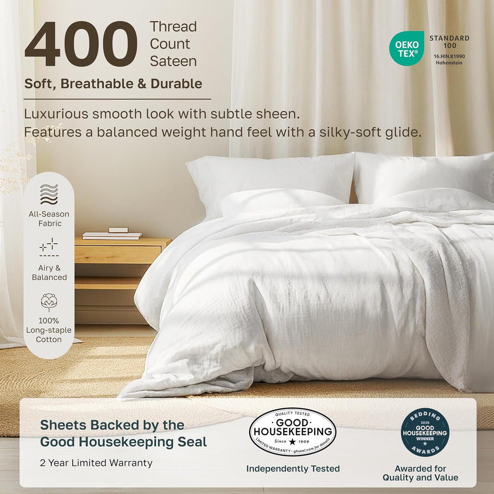 California Design Den 100% Cotton Sateen King Bed Sheet Set, 6 Pcs, White