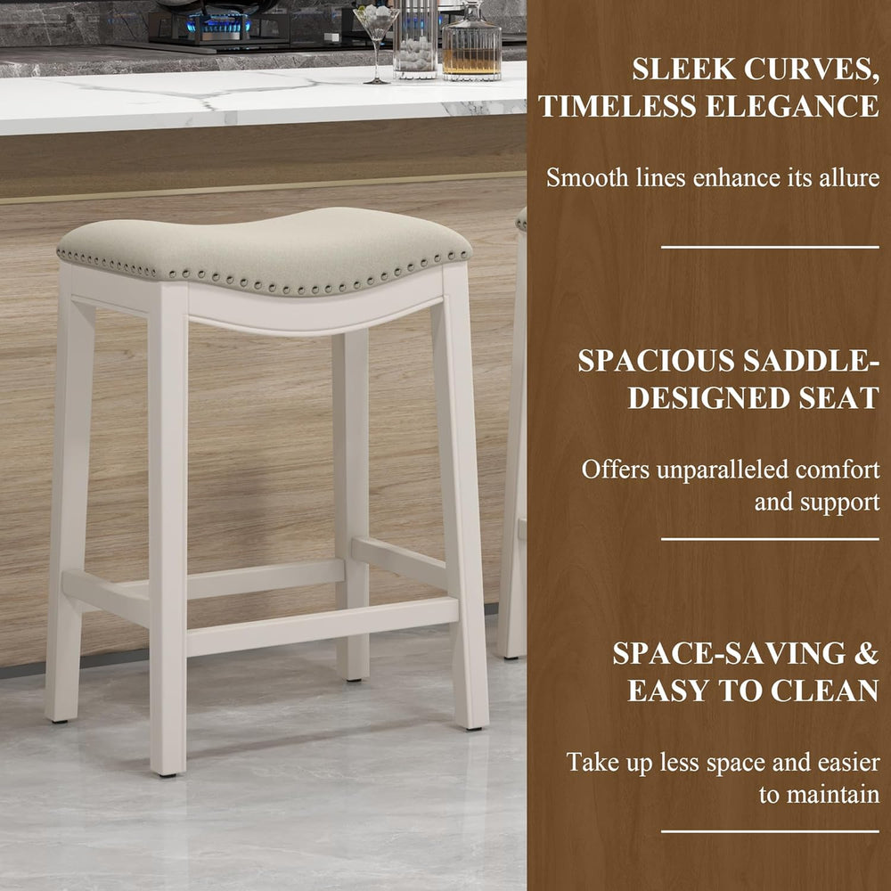 27" Backless Saddle Counter Stools Set of 2, Hand-brushed Wood Finish Legs