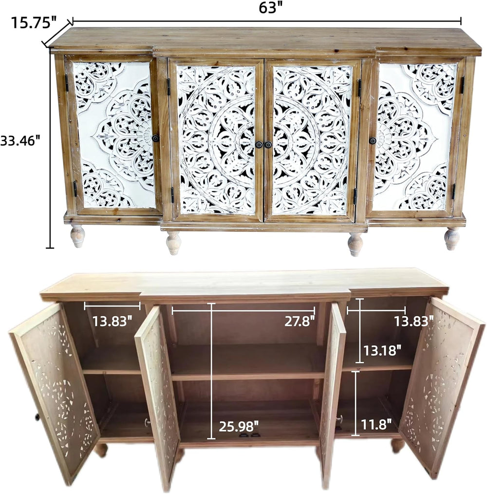 LKTART 63" Solid Wood Sideboard Buffet Cabinet with Storage,Carved Credenza