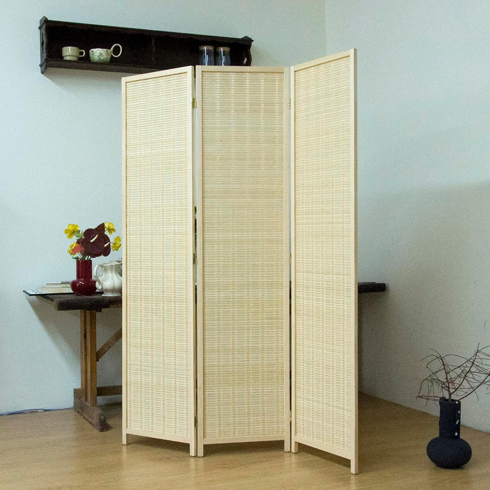 3-Panel Bamboo Room Divider - 5.6 ft Tall Beige Folding Privacy Screen, Doubl...