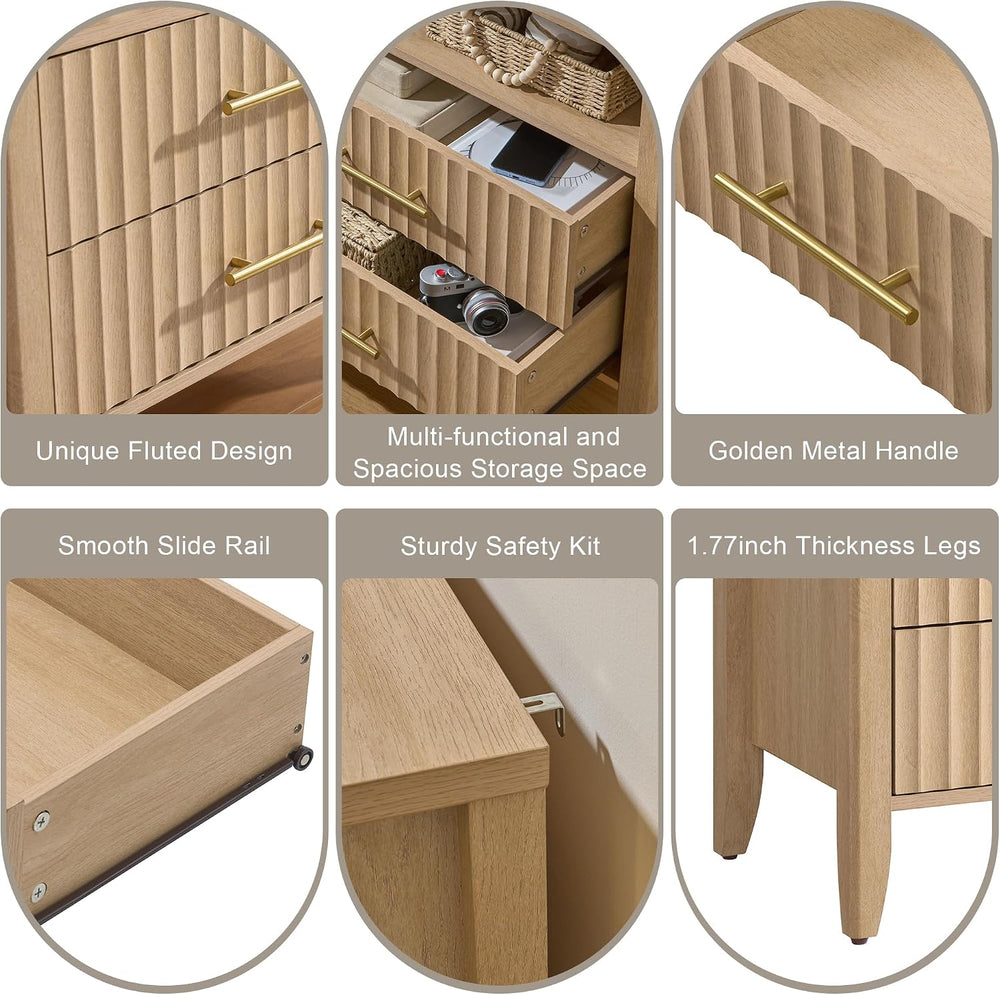 Fluted Nightstand with 2 Drawers, 27" Modern Nightstands Set of 2 with S...
