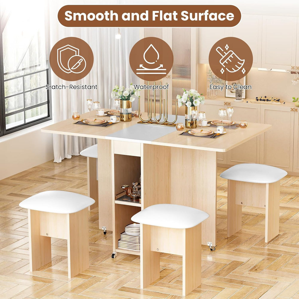 AWQM Folding Dining Table Set, Storage Folding Table & Chair, Beige White