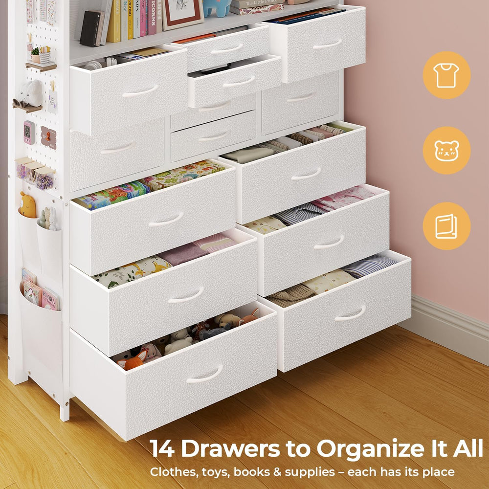 ADORNEVE Twin Loft Bed with Desk,14 Storage Drawers & Power Outlet, White