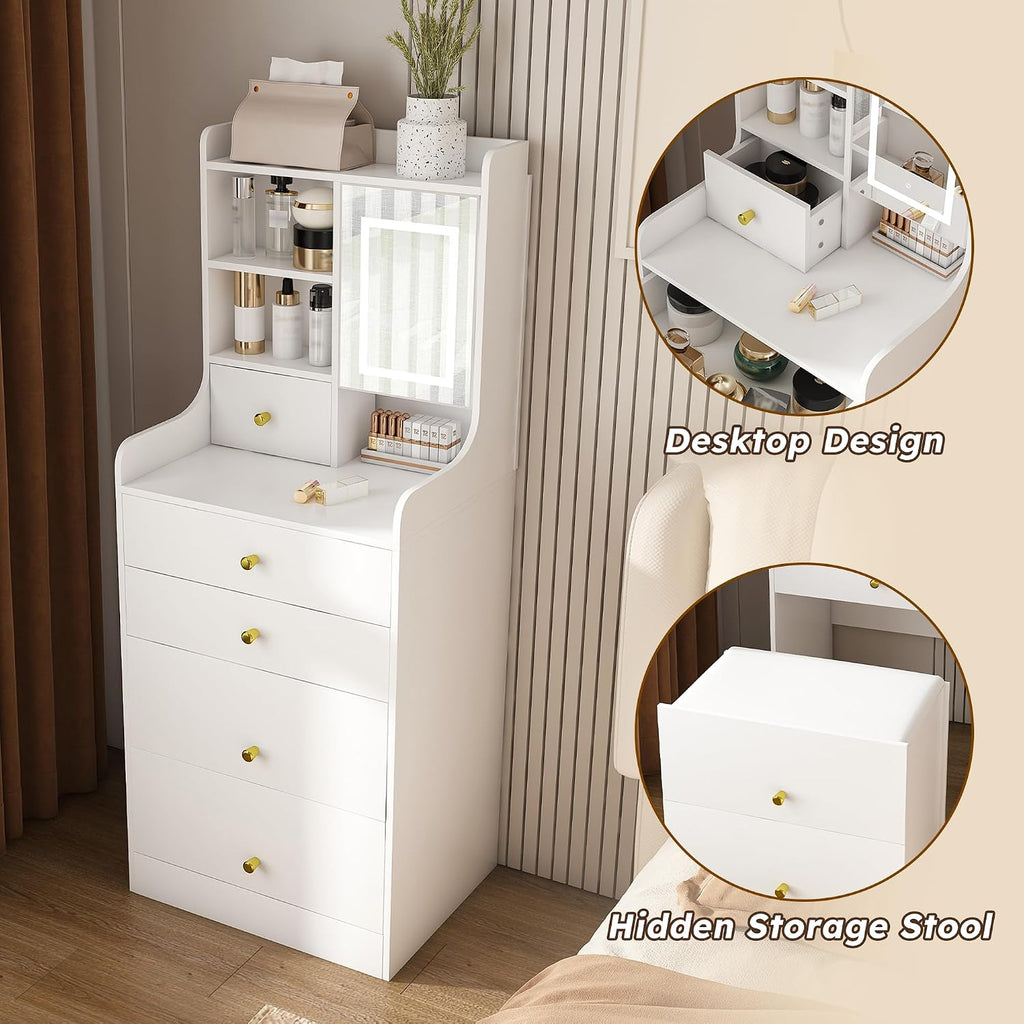 Runboll Compact Dressing Table with Storage Stool & Adjustable Lighted Mirror, 3-in-1 Small Makeup Vanity Desk with 4 Drawers & Open Shelves, for Small Space