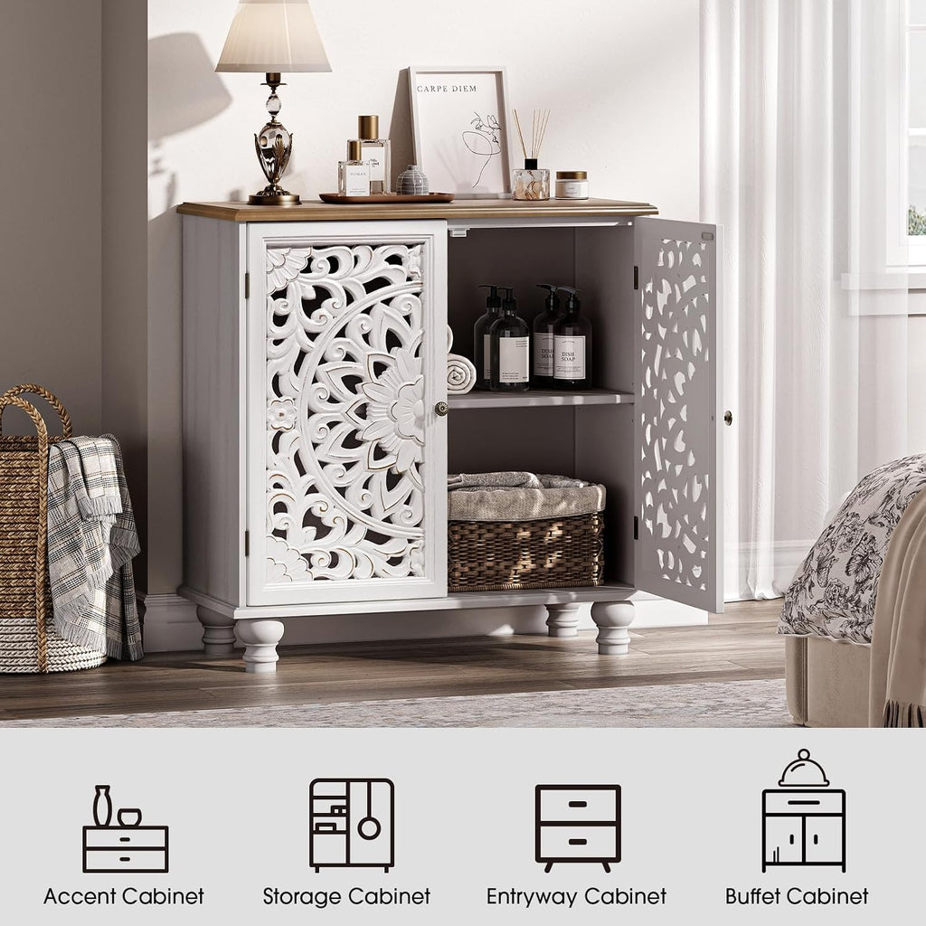 JOINICE 31" Accent Storage Cabinet with Doors for Living Room,White& Walnut