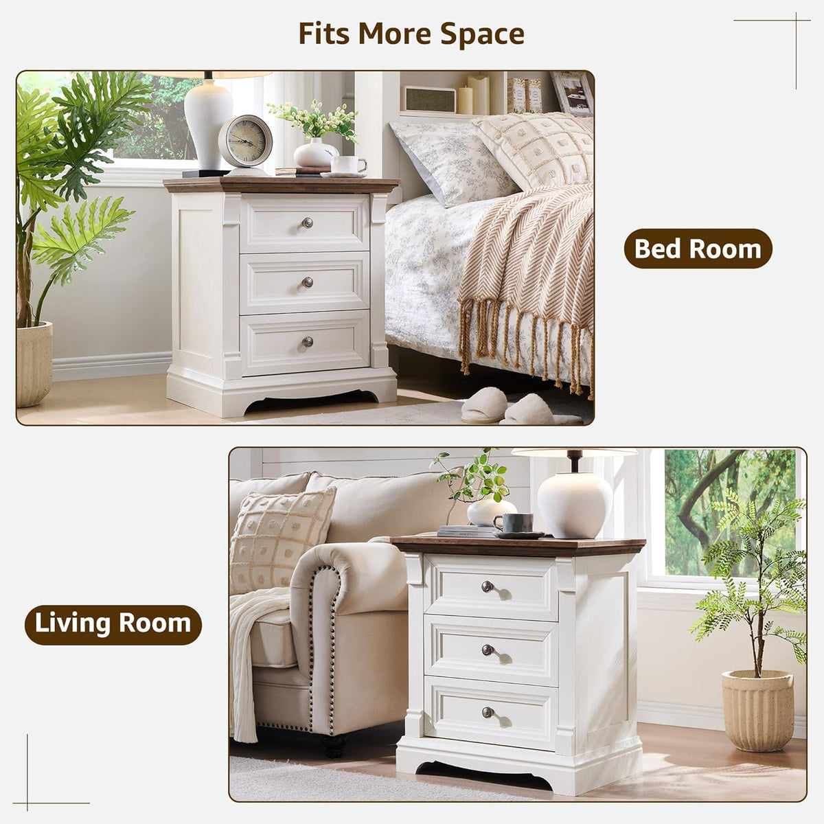 Farmhouse 26" Tall Nightstand with Charging Station 23.6"W Wood Side Table