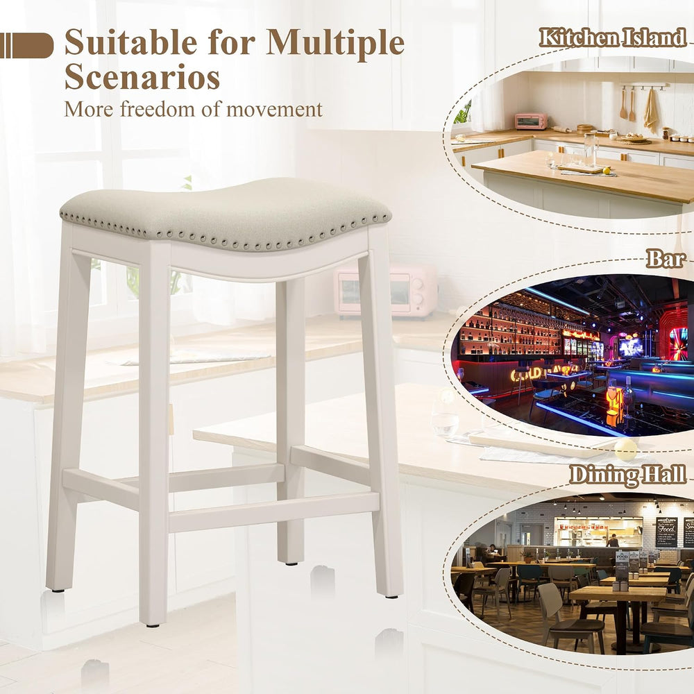 27" Backless Saddle Counter Stools Set of 2, Hand-brushed Wood Finish Legs