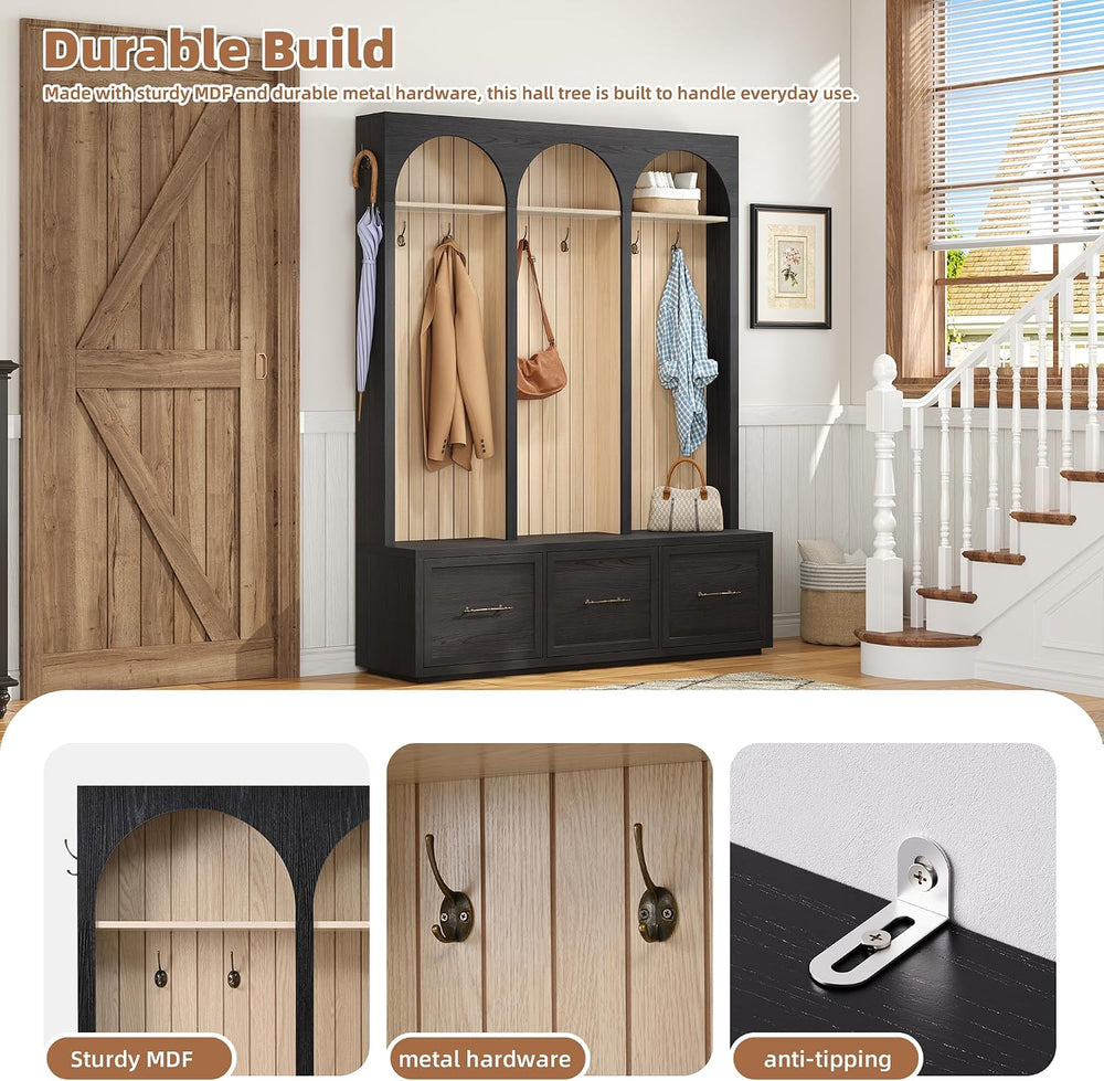 Merax Farmhouse Wood Hall Tree with 8 Hooks and Storage Shoe Bench, Arched Mu...
