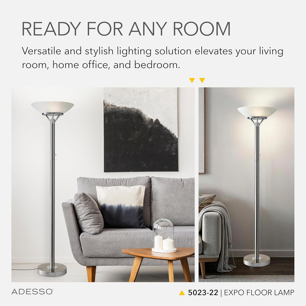 Adesso 2-Light Floor Lamp, Brushed Steel & Chrome, Dimmable, 71.5”