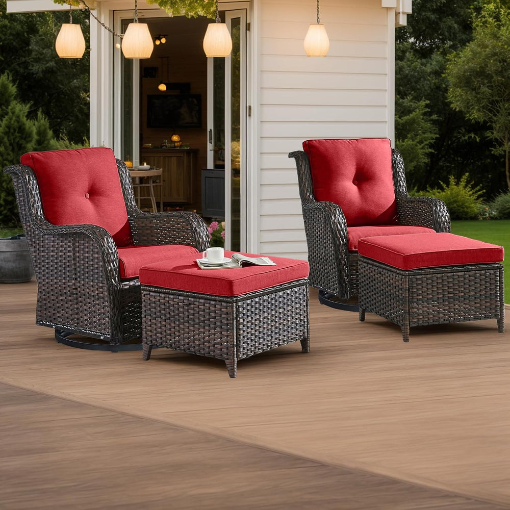 HUMMUH 4 Piece Wicker Patio Swivel Rocker & Ottoman Set, Brown/Red