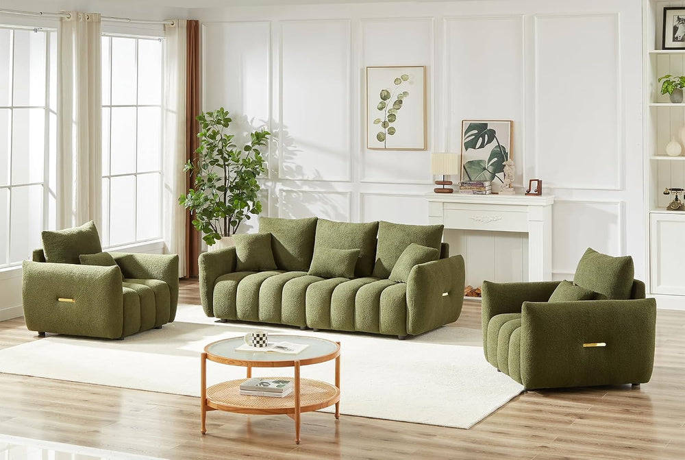 Antetek Set of 3 Teddy Fabric Sofa for Living Room, Modern 2 Units Deep Seat ...