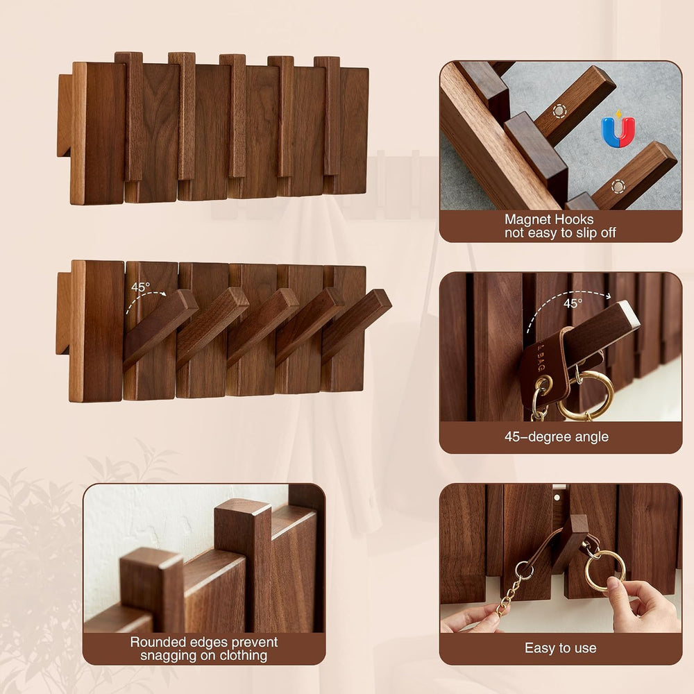 Coat Rack Wall Mount, Walnut 5 Flip-Down Picket Hanger Hooks for Entryway