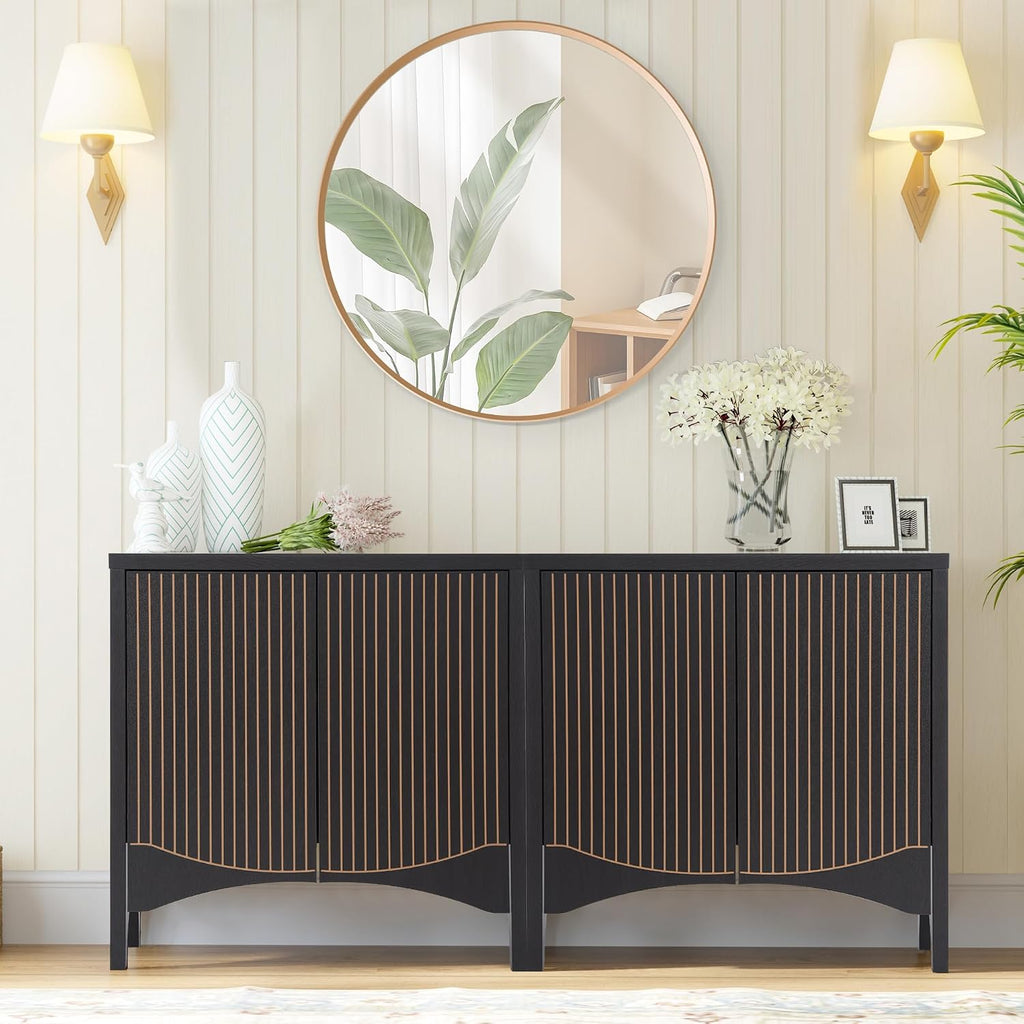 FurSch Fluted Sideboard Cabinet with Storage,Buffet Cabinet with Adjustable Shelves,Accent Storage Cabinets with Carved Arc Door Kitchen Dining Living Room (Arch Black, 2 Doors)