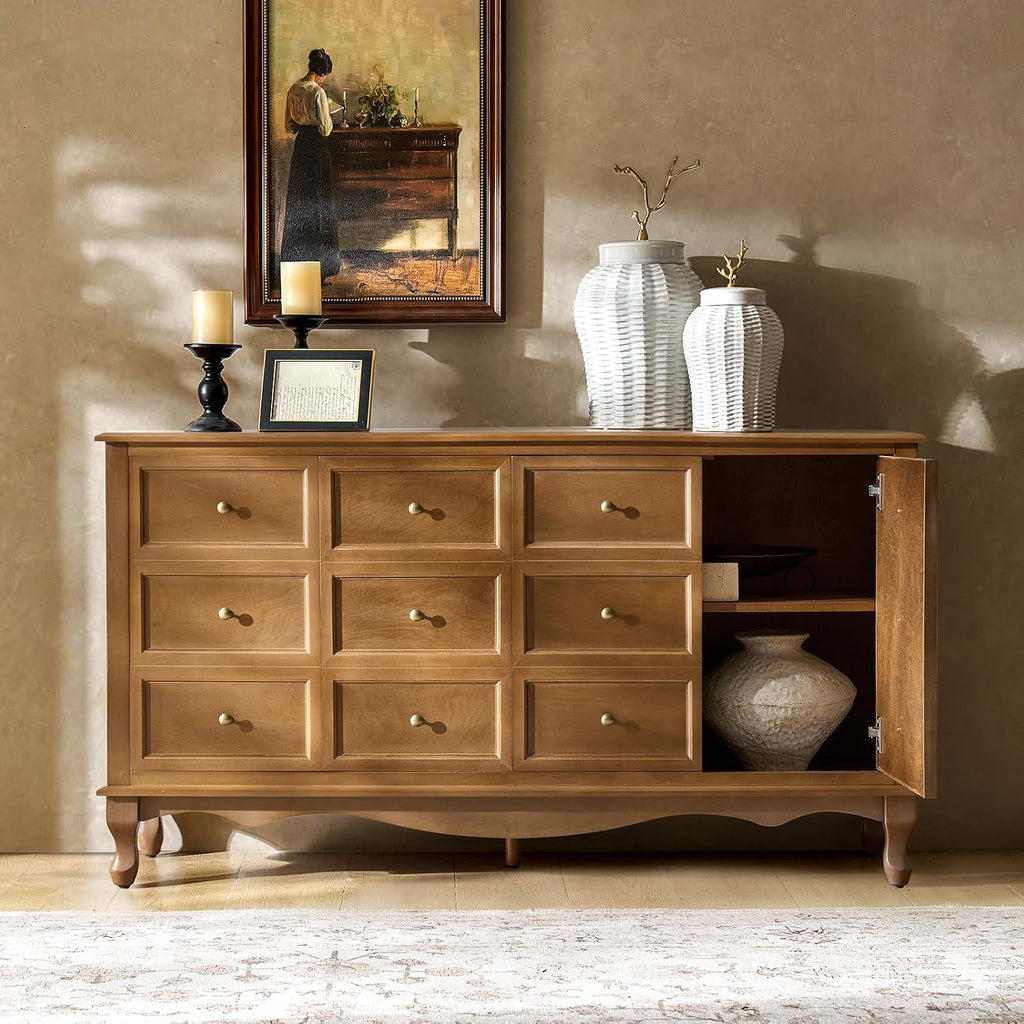 HULALA HOME Transitional Solid Wood Sideboard with Adjustable Shelves, 58" Spacious Storage Sideboard, Versatile Kitchen Buffet Cabinet with Solid Wood Legs, Acorn
