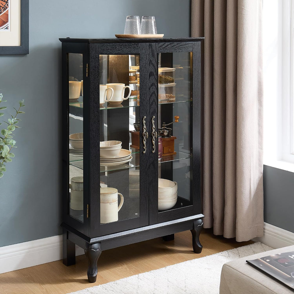 43" H Lighted Glass Curio Display Cabinet, 3-Tier Glass Accent Storage C...