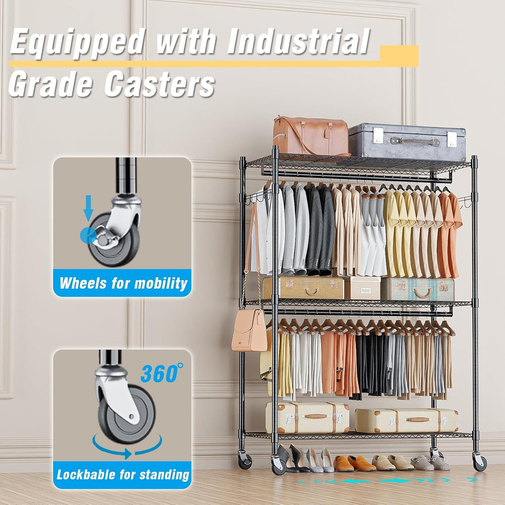 Homdox 3 Tier Heavy Duty Garment Rack with Wheels, Adjustable Wire Clothes Ra...