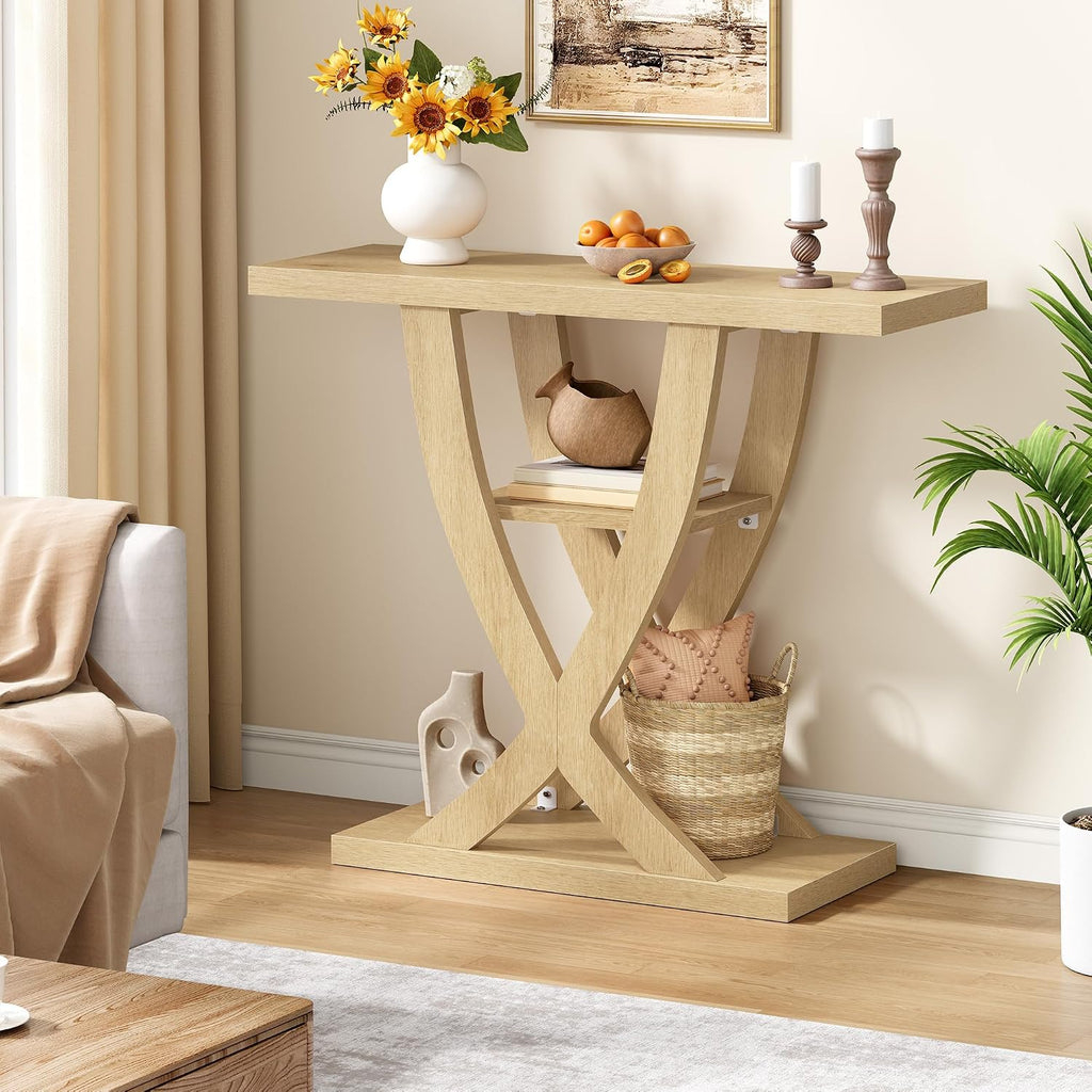 FAVOOSTY 31.5" Entryway Table, 3 Tier Hallway Table, Console Table, Natural