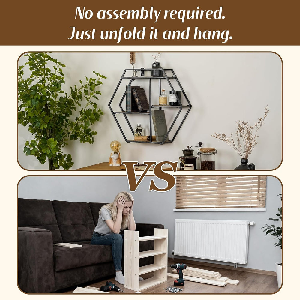 4 Tier Industrial Style Foldable Hexagon-Shaped Wall Shelves