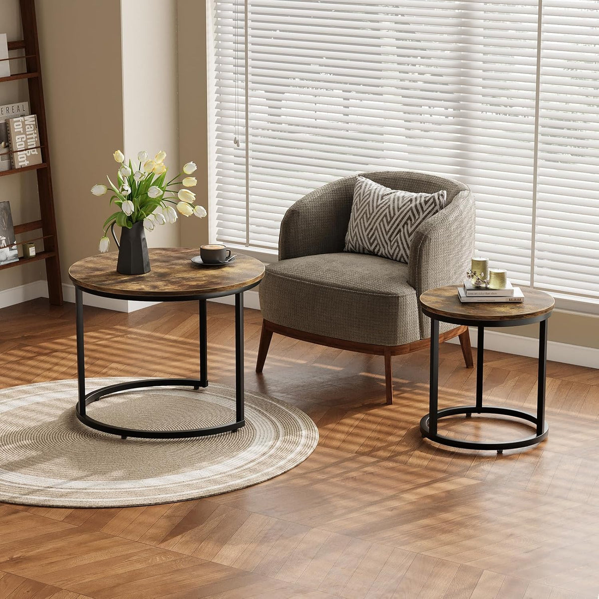 Smuxee Nesting Coffee Table Set of 2, 23.6" Round Coffee Table Rustic Wood Top with Adjustable Non-Slip Feet, Industrial End Table Side Tables for Living Room Bedroom Balcony Yard