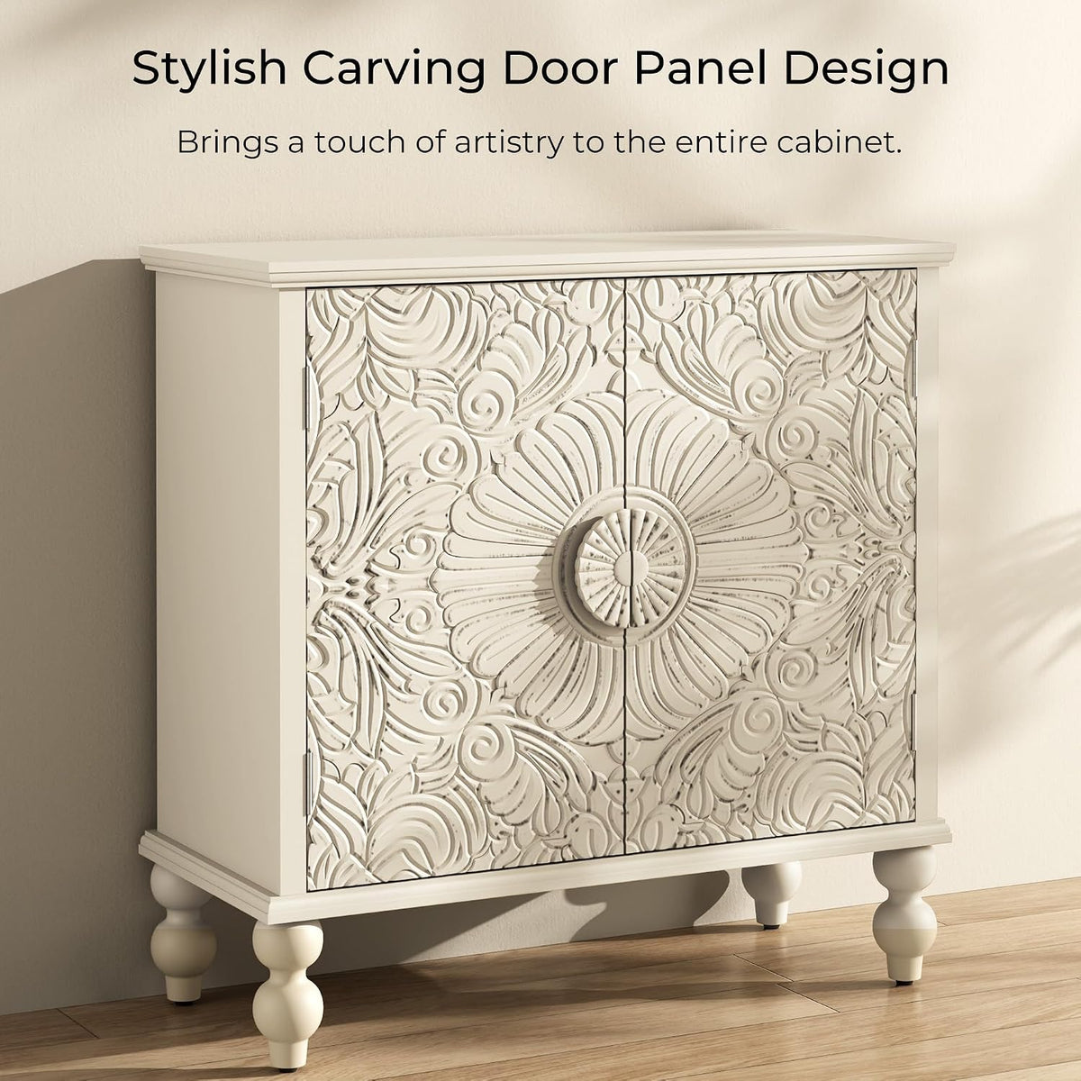 Solid Wood Buffet Cabinet, Accent Cabinet, 2 Carved Doors, Beige