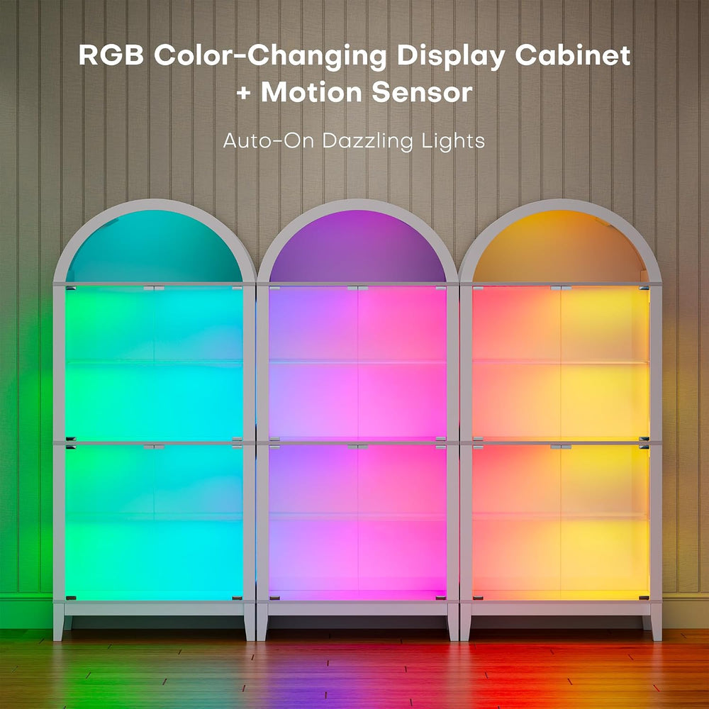 HNEBC Arched Glass Display Cabinet with RGB Dimmable LED Lights, White