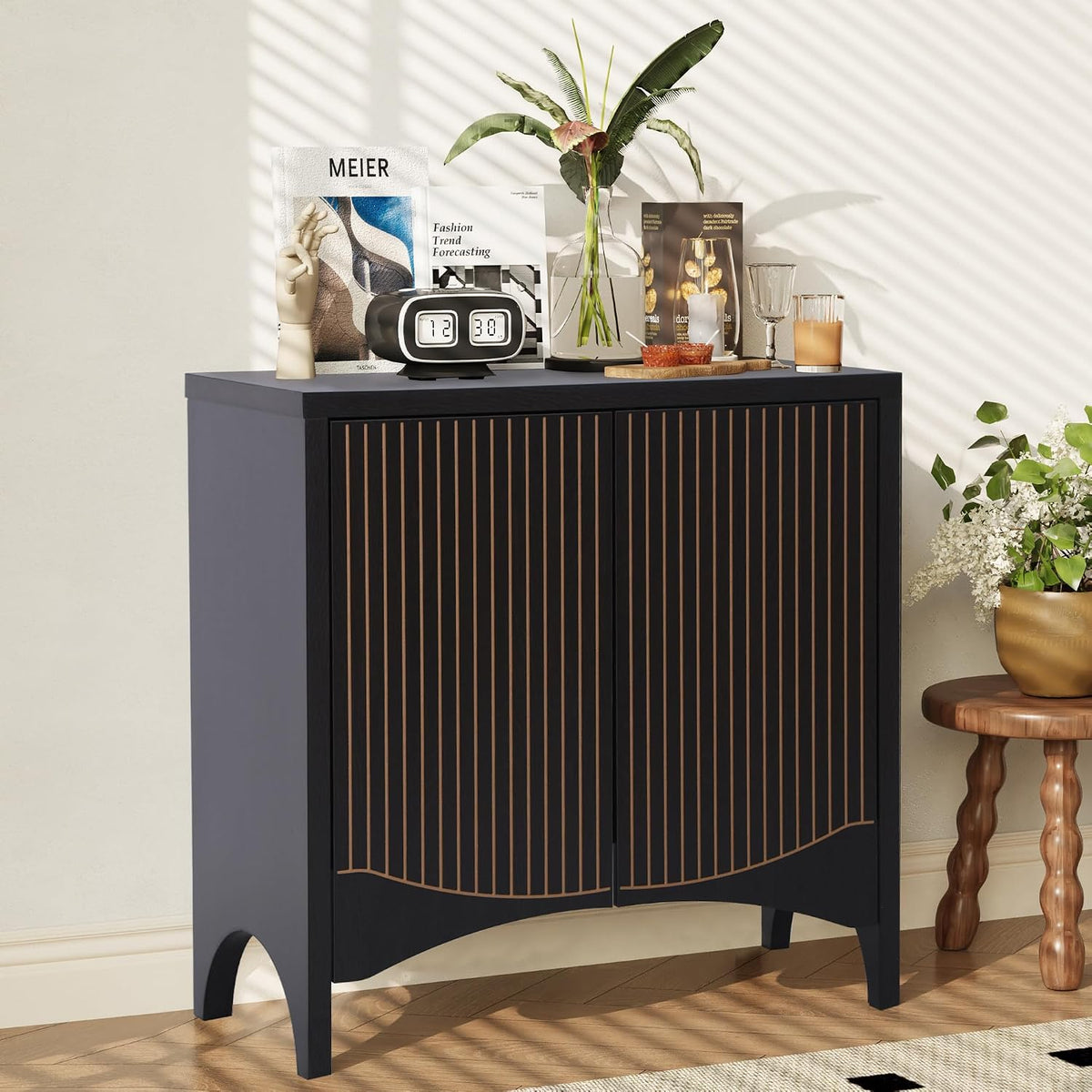 FurSch Fluted Sideboard Cabinet with Storage,Buffet Cabinet with Adjustable Shelves,Accent Storage Cabinets with Carved Arc Door Kitchen Dining Living Room (Arch Black, 2 Doors)