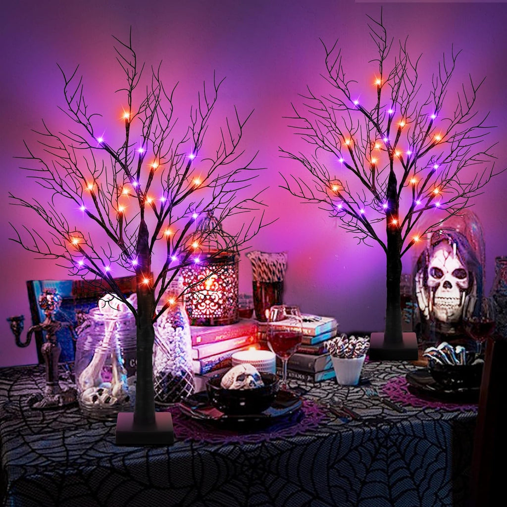 [Timer] 2 Pack Halloween Decorations Indoor, 24 Inch Halloween Tree with 24 Orange & Purple Lights, USB & Battery Operated Black Spooky Tree Halloween Table Decorations Indoor Home Party Decor Room