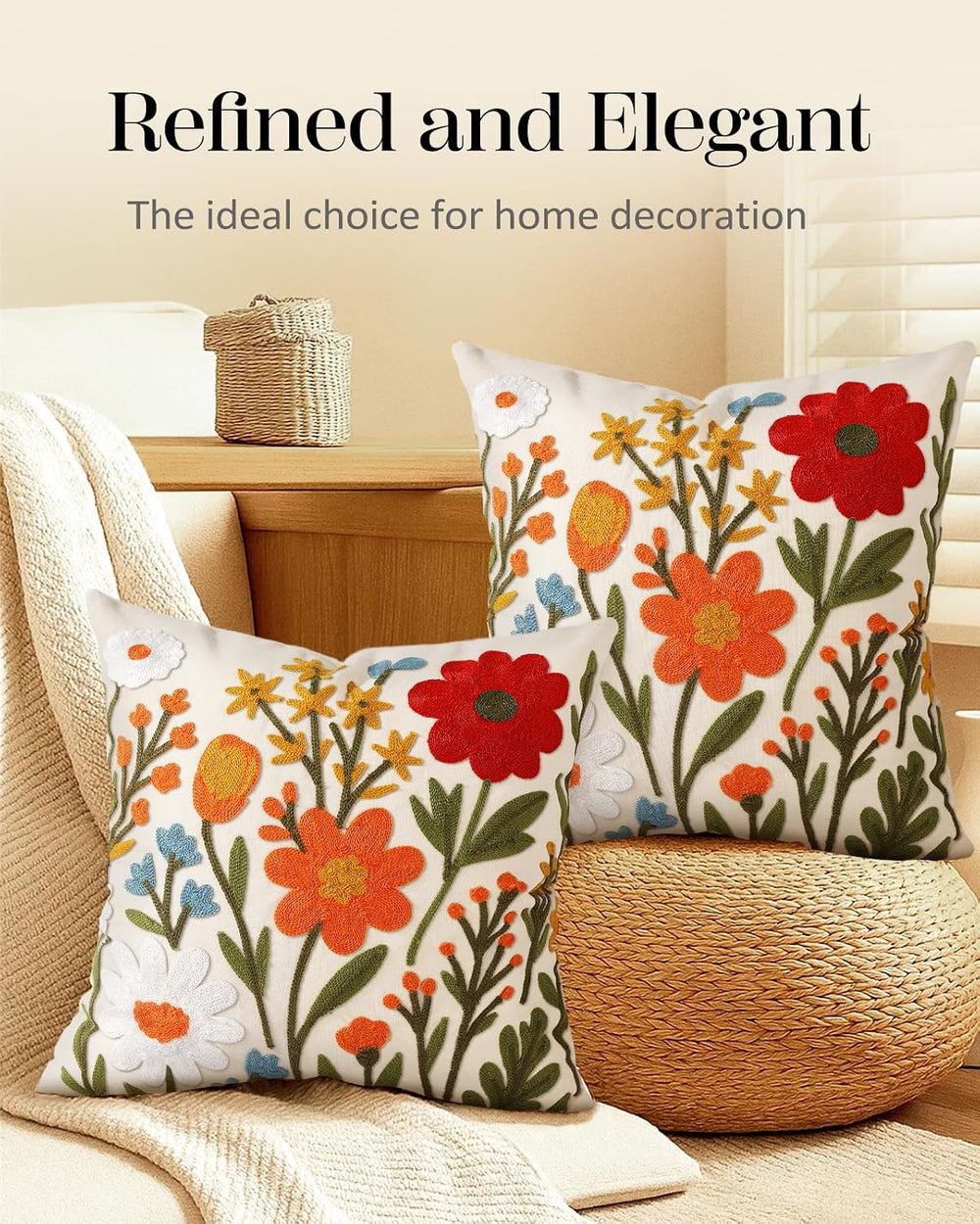 Embroidered Throw Pillow Covers 18x18 Inch, 2Pack, Flower Cluster