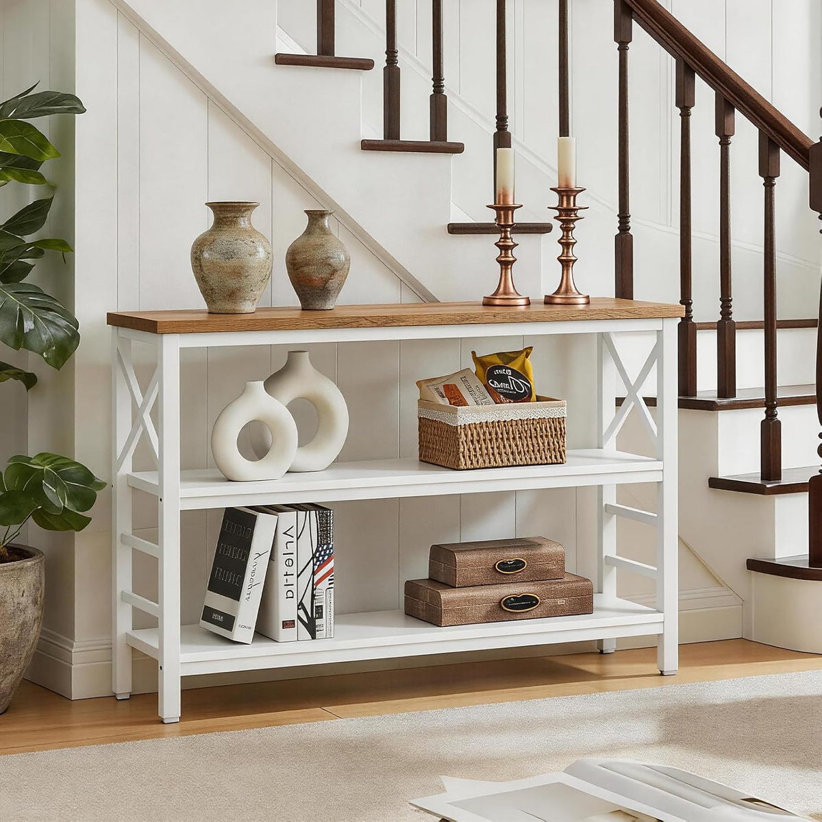 Hombazzar 3-Tier Sofa Table,Console Tables for Entryway,White & Brown 47" | Stable Support,Multi-functional use for home,Easy Assembly,Scratch Resistant & Rustproof