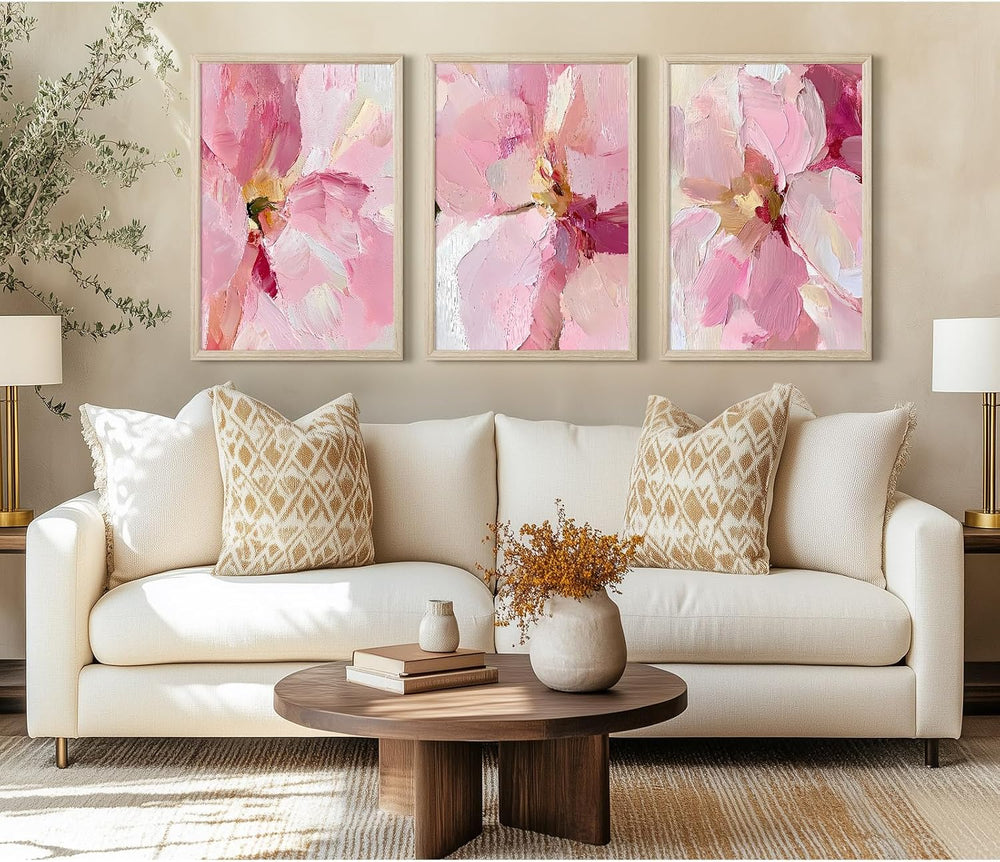 Abstract Floral Wall Art Pink Flower Canvas Pictures Modern Wall Decor Blush ...
