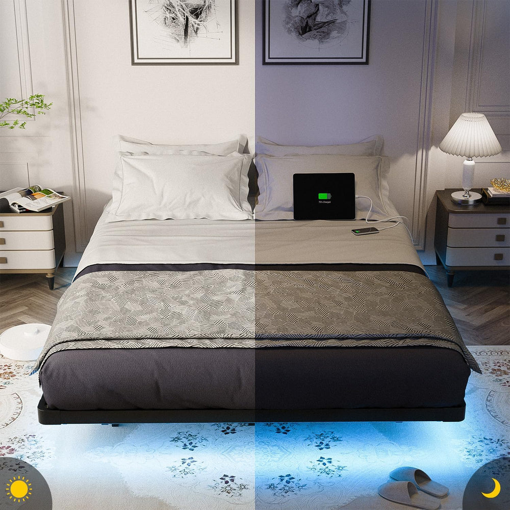 OLEVS Floating Bed Frame Queen Size Metal with LED Light & Charging Station