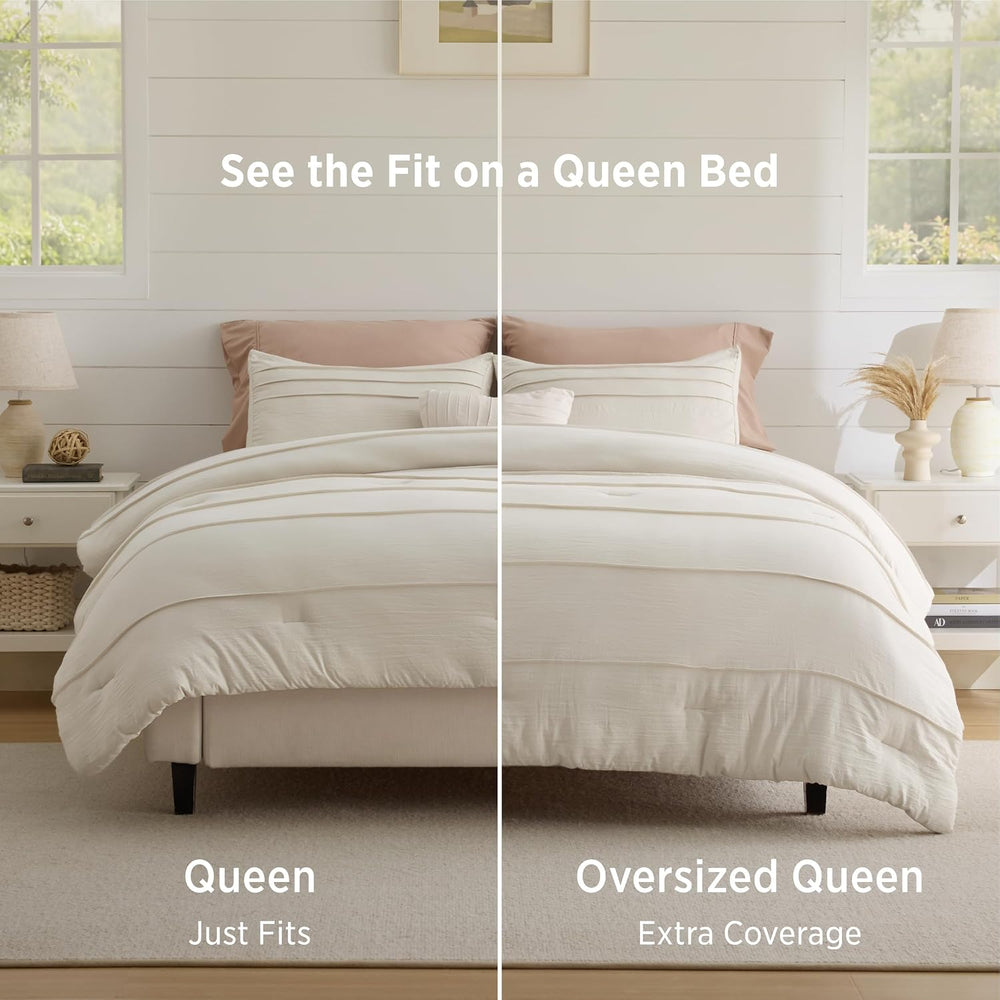 Bedsure Queen Comforter Set 4 Piece, Beige Boho, Pinch Pleat, All-Season