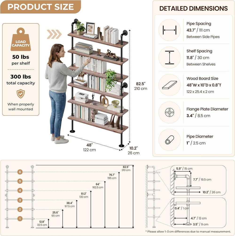 Industrial Pipe Bookshelf, Wall Mounted Shelf, 48 Inch, Weathered Brown