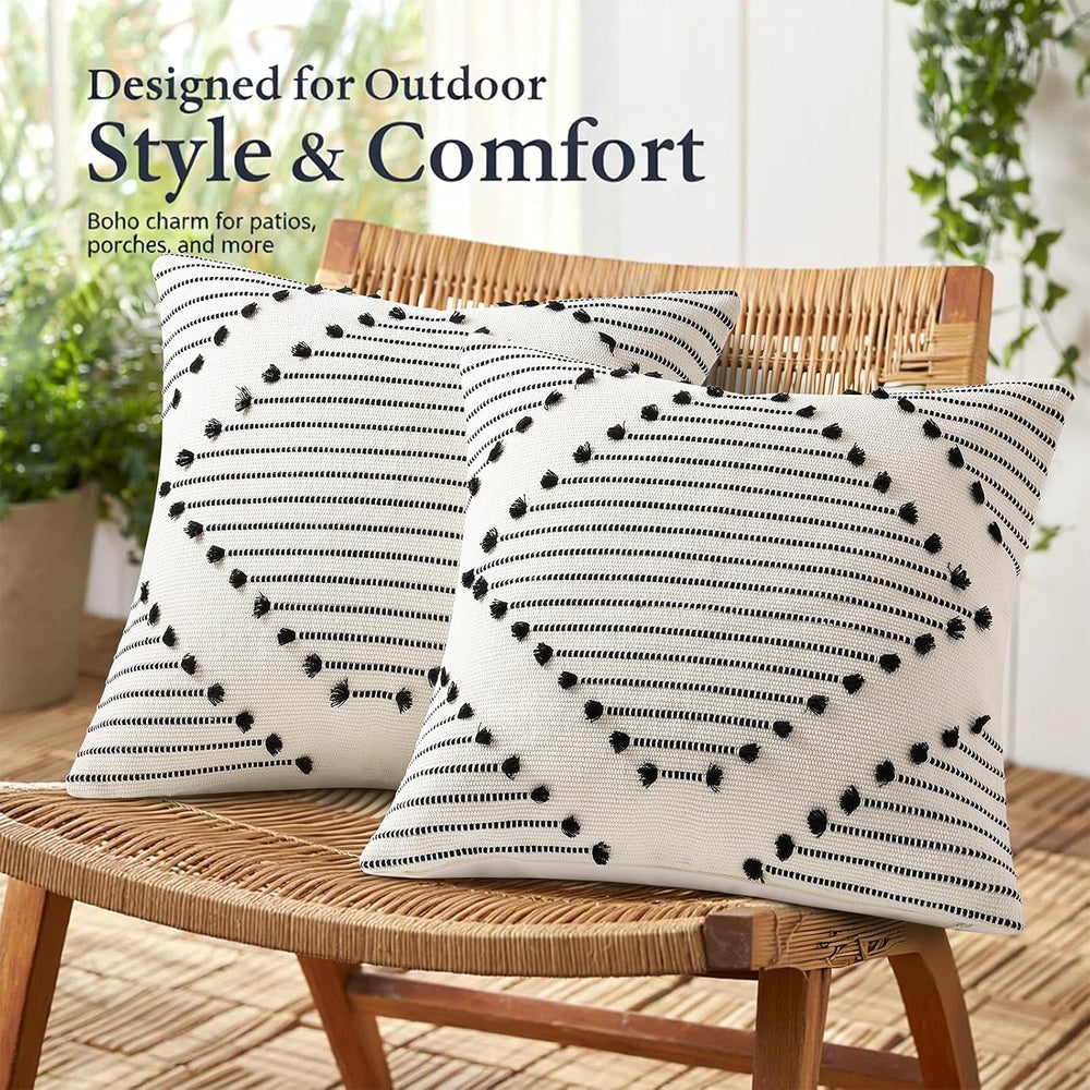 Mecatny Boho Outdoor Throw Pillow Covers 12x20 Set of 2 Black & Cream White