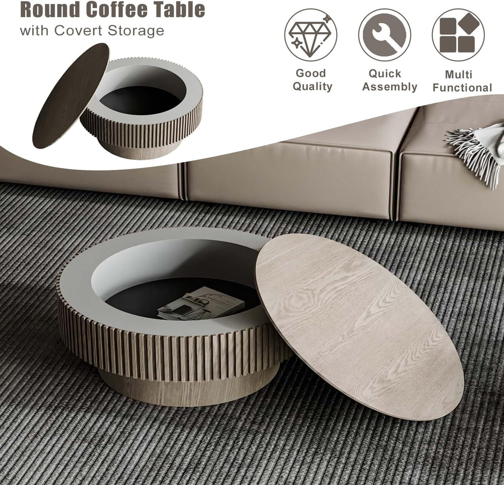 Round Coffee Table with Storage, Modern Wooden Coffee Table