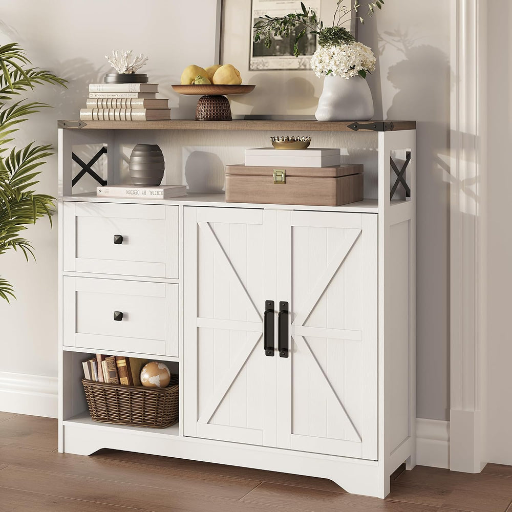 Fameill Farmhouse Storage Cabinet with Drawers and Open Storage, White