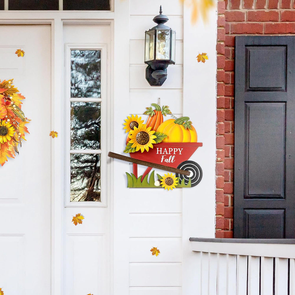 Glitzhome 30" H Fall Metal Wheel Barrow Pumpkin Yard Stake/Hanging Wall ...