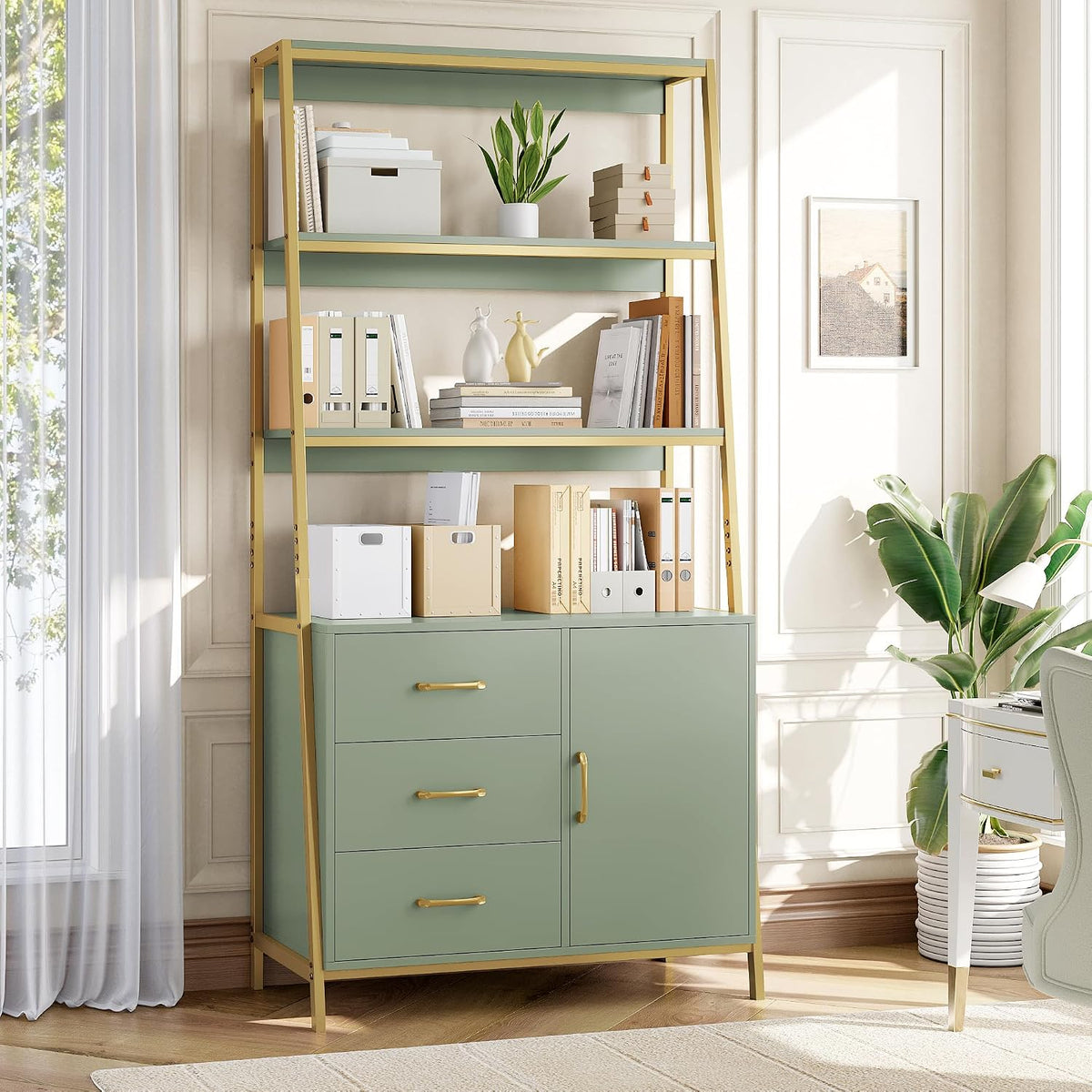 hithos green gold bookshelf, 69" h ladder book, close-up detail