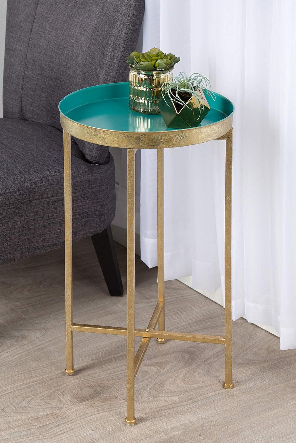 Kate and Laurel Celia Round Metal Foldable Tray Accent Table, Teal with Gold ...