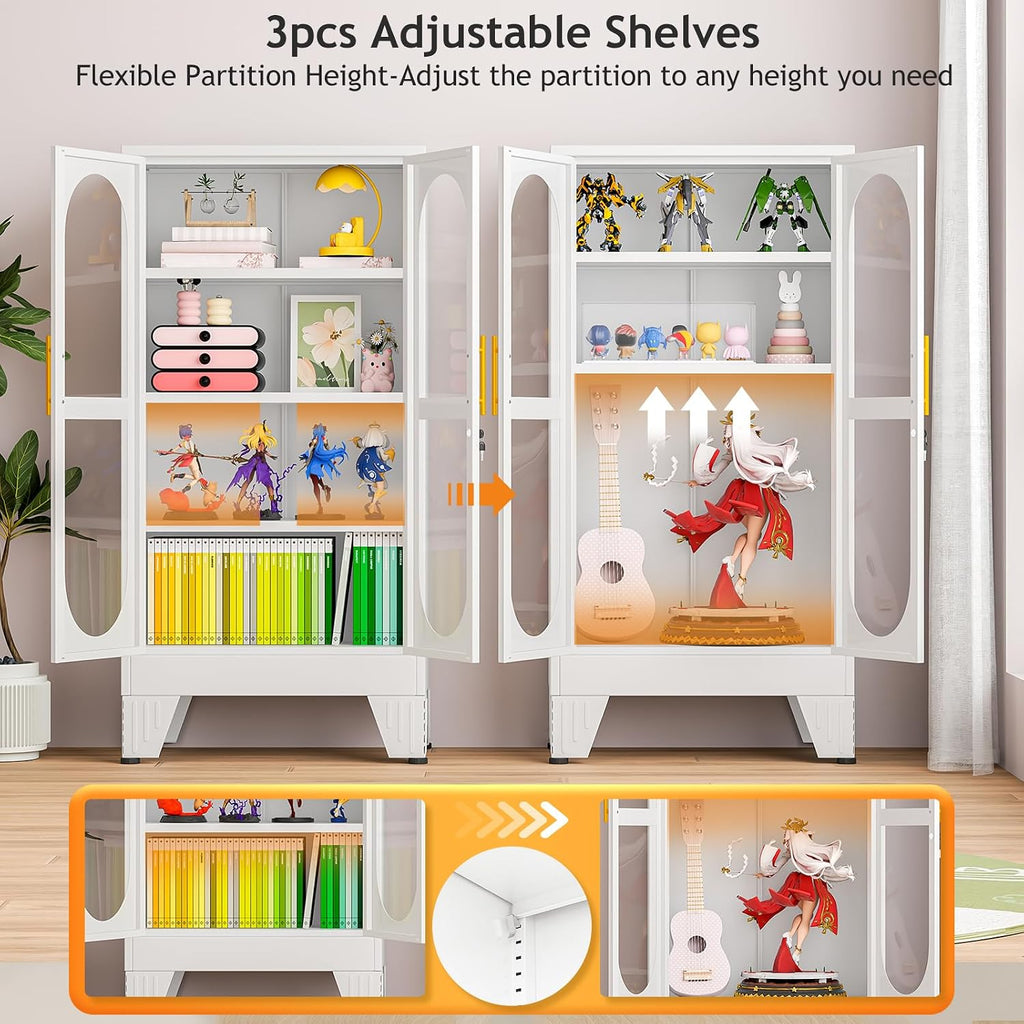 PAOFIN 47" H Locking Display Cabinet with Glass Door, Metal Cabinets with 3 Adjustable Shelves, Cabinet Display Case for Living Room, Collectibles, Clinic, Home - Assembly Required White