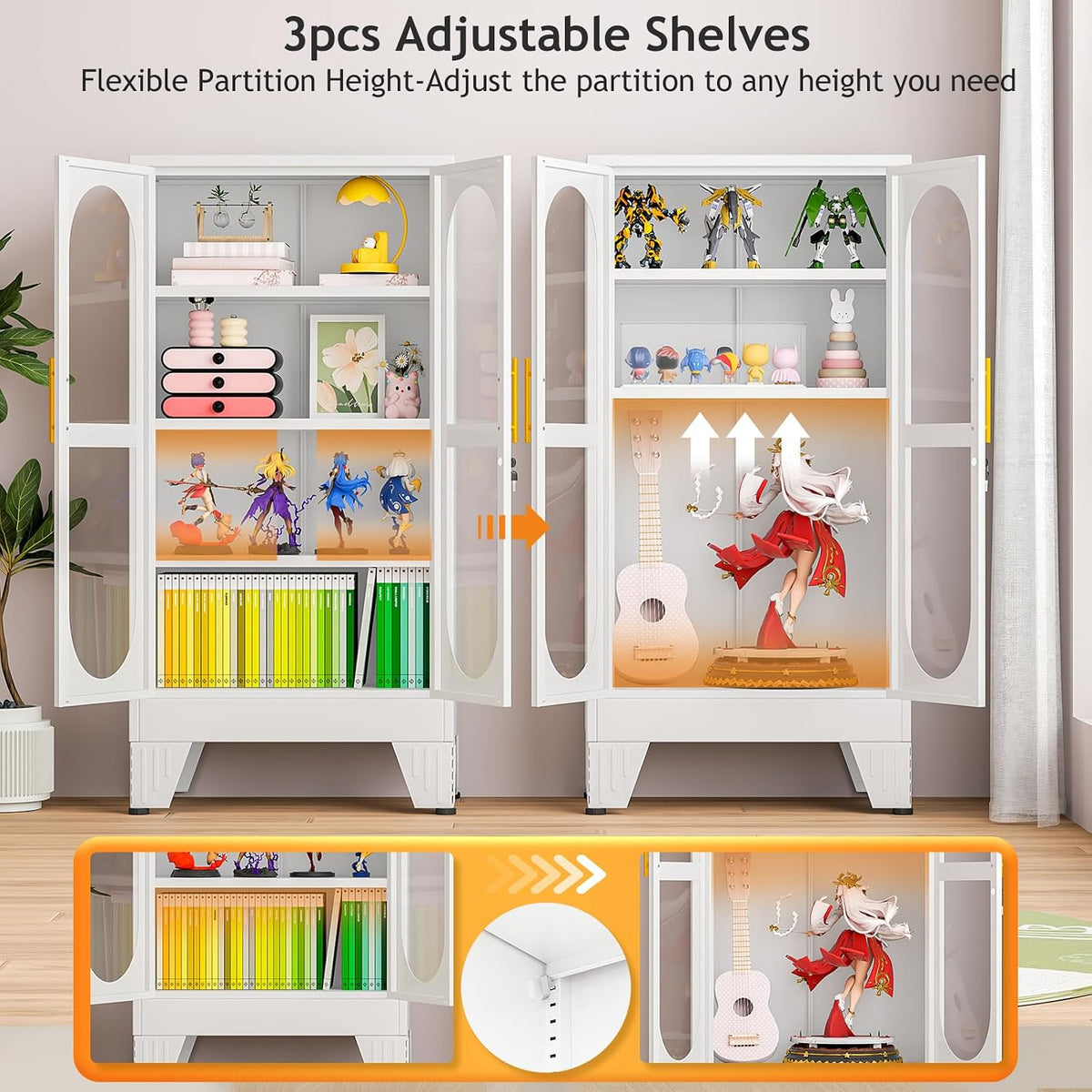 PAOFIN 47" H Locking Display Cabinet with Glass Door, Metal Cabinets with 3 Adjustable Shelves, Cabinet Display Case for Living Room, Collectibles, Clinic, Home - Assembly Required White