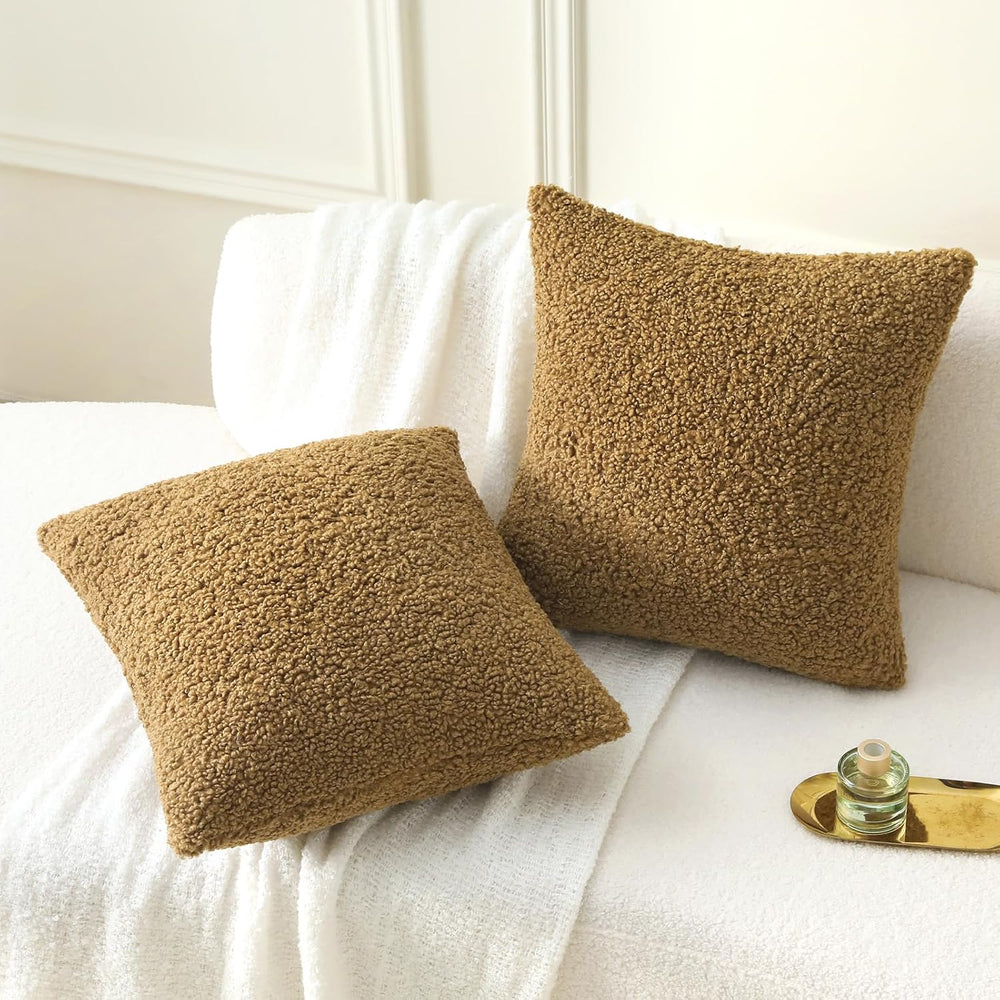 FUTEI Pack of 2 Faux Fur Teddy Boucle Pillow Covers 20x20 Inch, Khaki