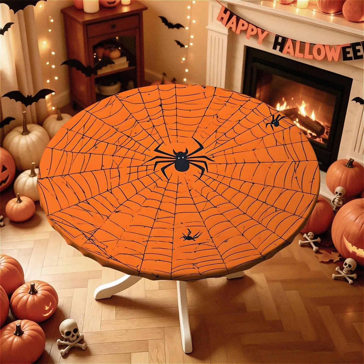 60 Inch Fall Round Waterproof Tablecloth for Dinner, Halloween Fitted Round Tablecloth with Elastic for Holiday