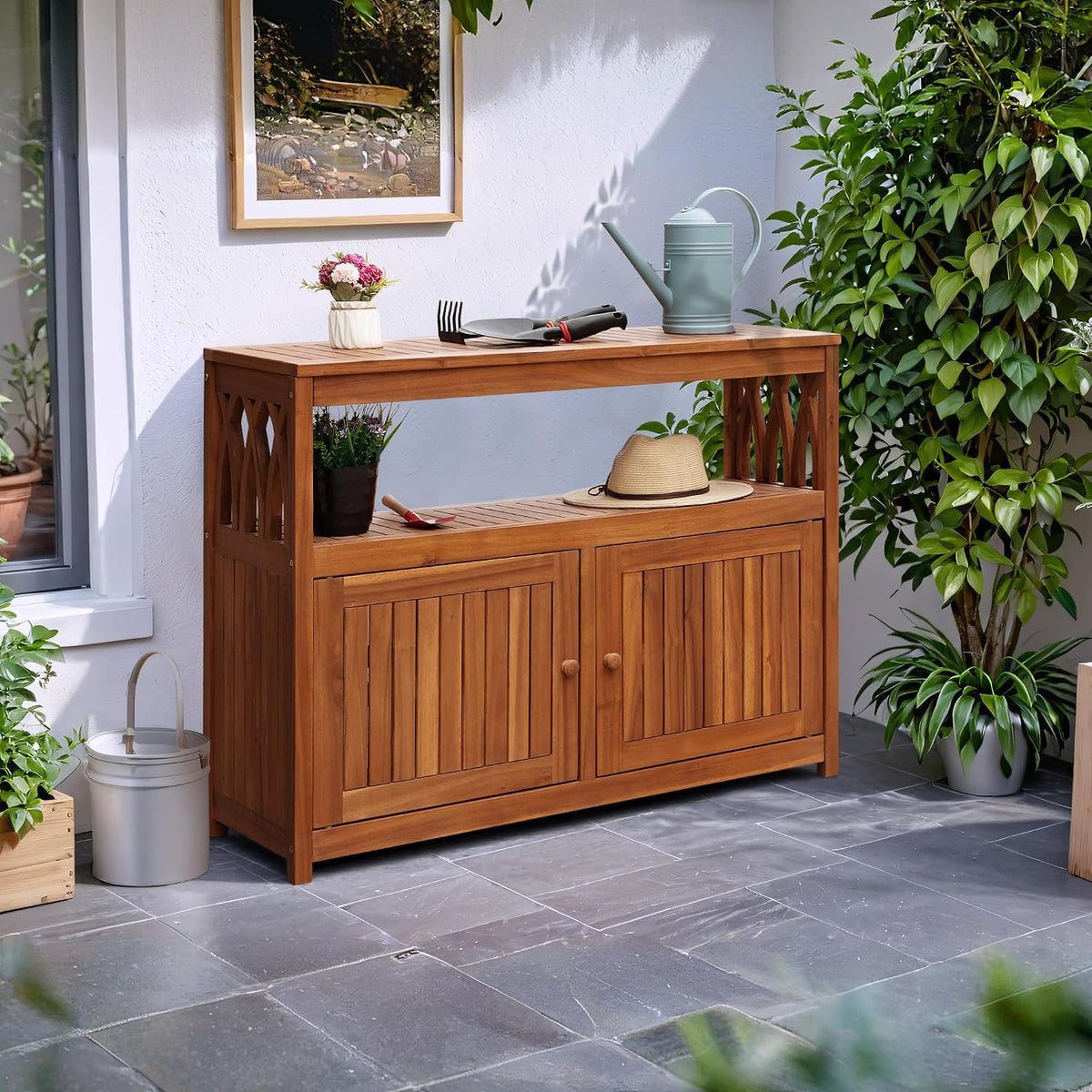 Flamaker Acacia Wood Outdoor Storage Cabinet,Waterproof Potting Table,Brown