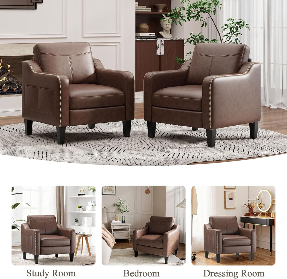 MALOL PU Leather Accent Chair with Solid Wood Frame, Chocolate Brown