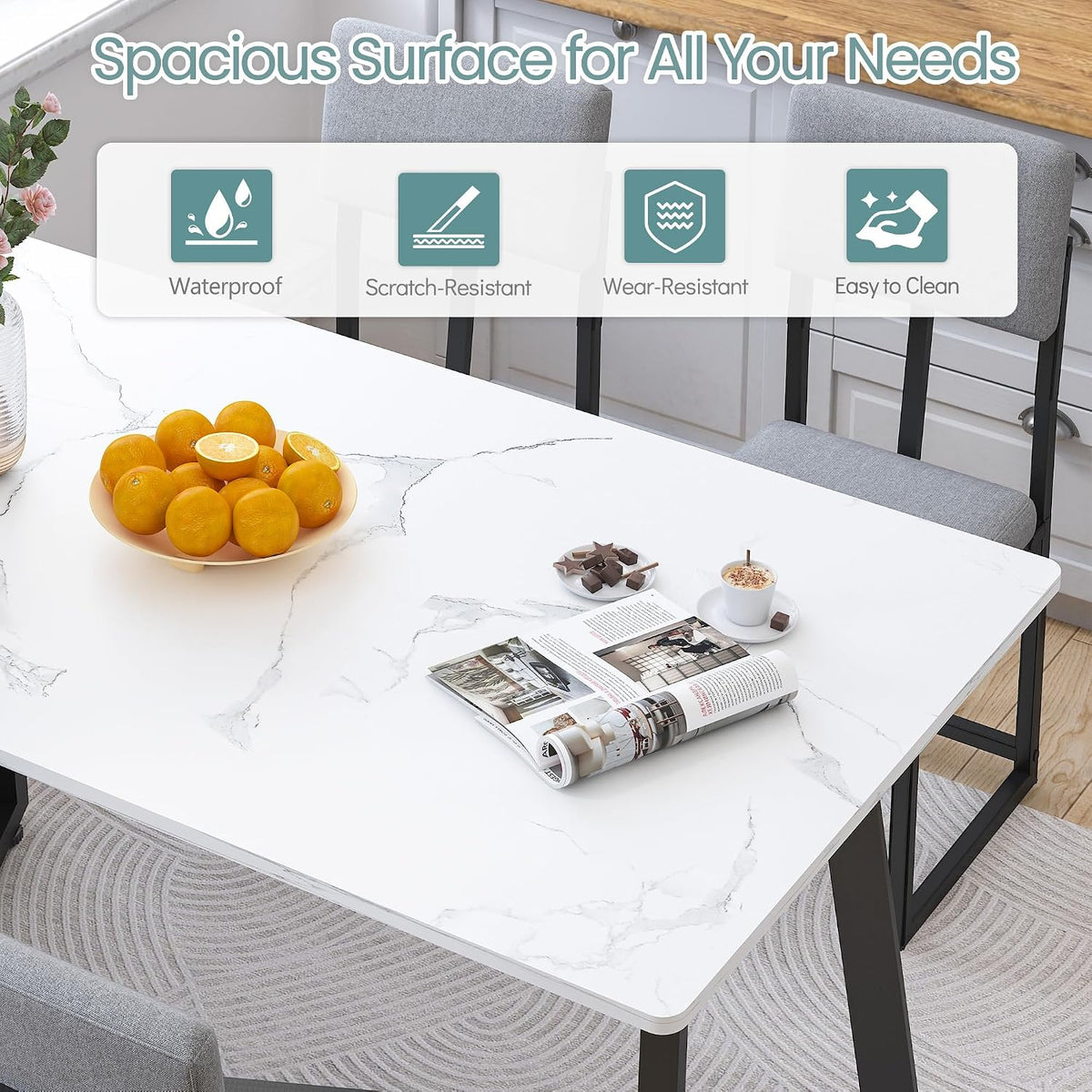 HUGROVE 5-Piece Dining Set, 47.24" Faux Marble Table with Chairs, Linen