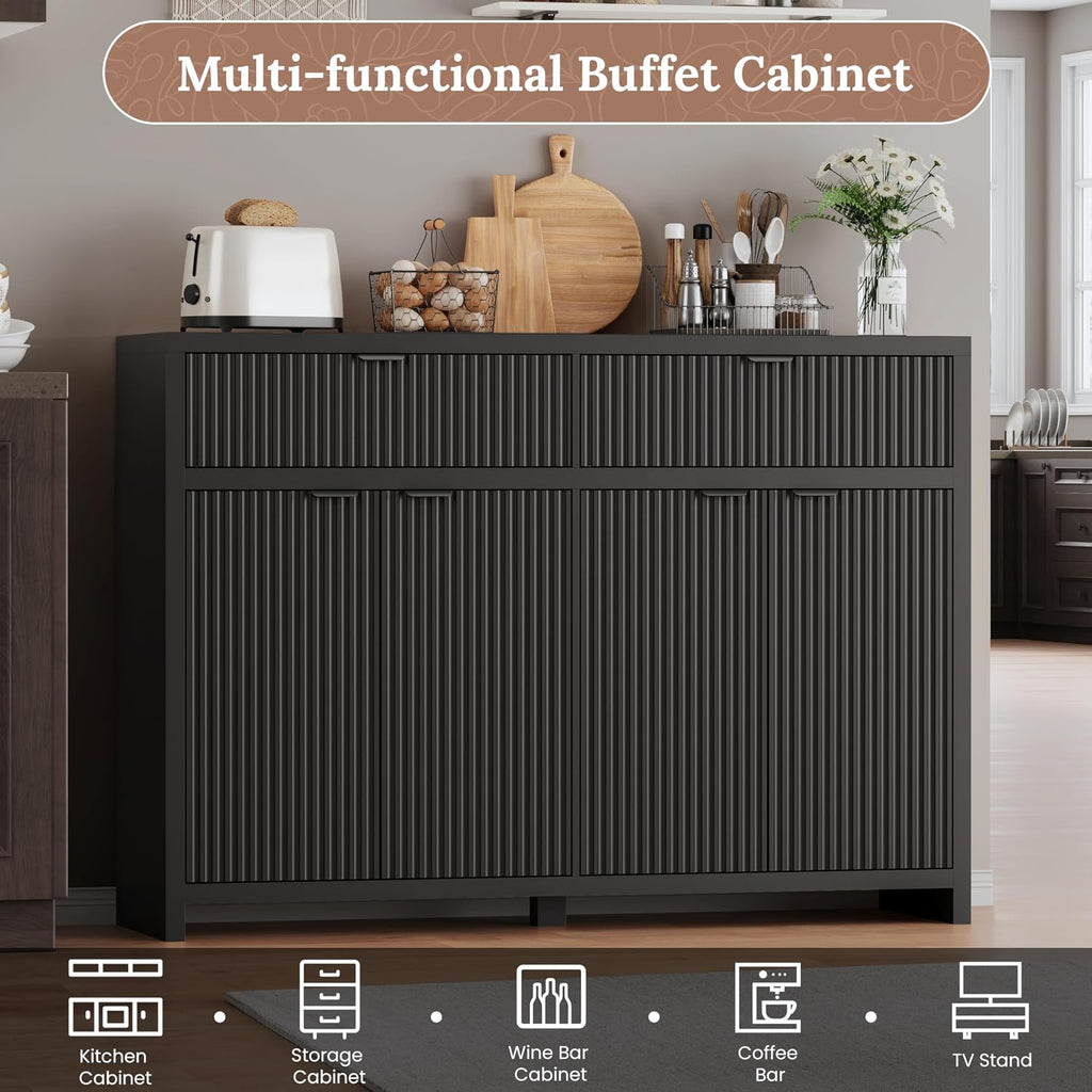 55 Inch Modern Fluted Sideboard Buffet Cabinet with Storage, Black